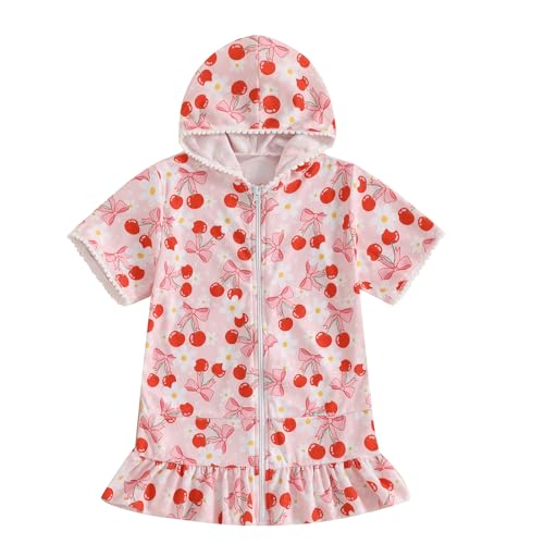 Toddler Girls Swimsuit Cover Up Short Sleeve Checkered Bow Zipper Hooded Beach Towel Kids Terry Bathing Suit Coverup