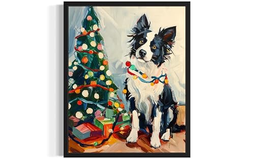 Image of Border Collie Christmas Black Framed Wall Art Print Poster, Dog Pet Lover Picture Painting Artwork Bedroom Living Room Office Dining Room 150D (Border Collie Christmas, 10 inch L x 8 inch W, Black Frame)
