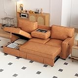 EBELLO Convertible Sleeper Sofa 3 in 1, Faux Leather Modern L-Shaped Couches for Living Room, Pull Out Sectional Futon Sofa Bed with Storage Space, USB Ports and Cup Holders for Bedroom, Brown