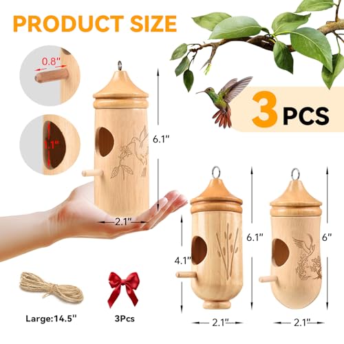 Hummingbird House, Solid Wood Hummingbird Houses for Outside-Exquisitely Handcrafted Birdhouse with Ribbon and String Hanging Kit, Durable Garden Decor, Perfect Gardening Gift(Style-EFG, 3 Pack)