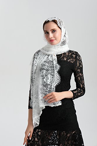 Leimandy Wedding Vintage Floral Lace Scarf Mantilla Veil Catholic Lace Shawl Party Wraps S04 (Ivory) - Thumbnail 5