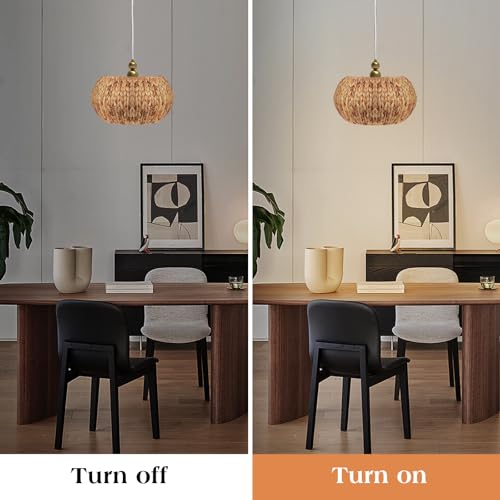 QIHONGLT Farmhouse Rattan Chandelier,13.4'' Boho Hand Woven Pendant Light, 3-Light Wicker Chandelier Light Fixture for Dining Room/Living Room/Kitchen Island, E12 Base (Gold) by QIHONGLT - Image 5