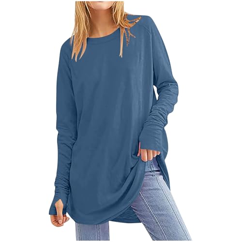 Placitiume Maglia da donna a maniche lunghe, girocollo, con foro per il pollice, casual, vestibilità ampia, orlo rotondo, blu navy, XXL