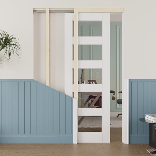 Image of 28 inch x 80 inch 5-Lite Clear Glass Pocket Door, Soft-Close Sliding Pocket Door with Frame & Hardware Kit Set, Primed All-Inclusive Interior Door Slab for Home, White, Need to Assemble