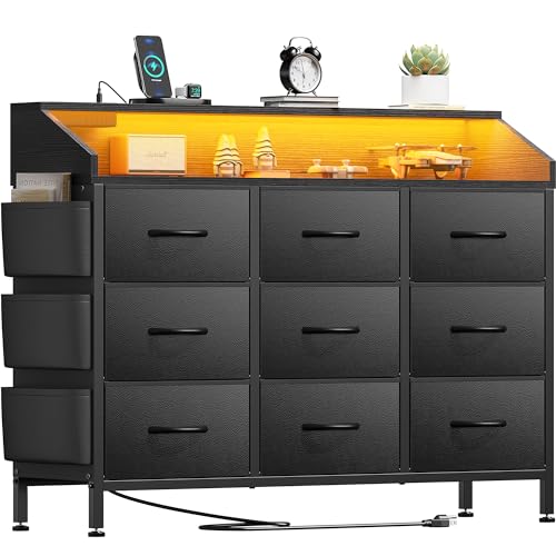 Image of Lulive Black Dresser for Bedroom 9 Drawers - Fabric Dressers for Bedroom with LED Light & Charging Station - Kids Adults Chest of Drawers for Living Room Hallway Closet Nursery (Black)