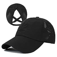 HGGE Womens Criss Cross Ponytail Baseball Cap Adjustable High Messy Bun Ponycap Quick Drying Hat, Black, One Size