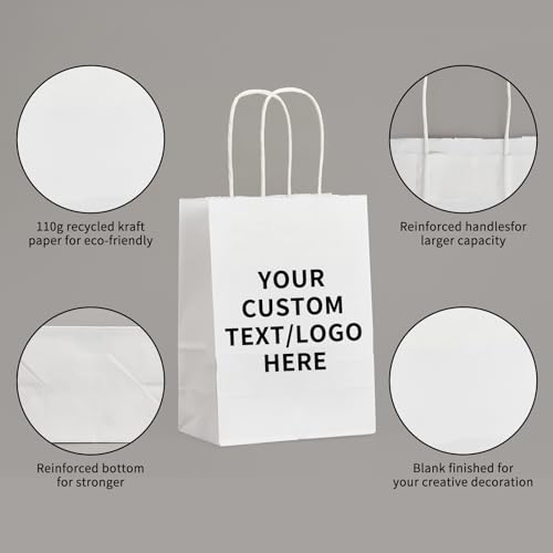 YEEHAW Personalized Custom Paper Bags, 50 Custom Printed Kraft Paper Bags for Small Business, 8x4.5x10.8 Inch Medium Size, DIY Retail Gift Bags with Logo, Brown Shopping Paper bag with Handle, Goodie