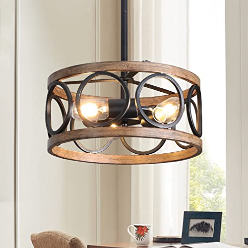 Galtlap Vintage Drum Pendant Lighting Farmhouse Ceiling Kitchen Light Fixtures Rustic Chandeliers For Dining Living Room Entryway Foyer, Black And Wood #TOP8