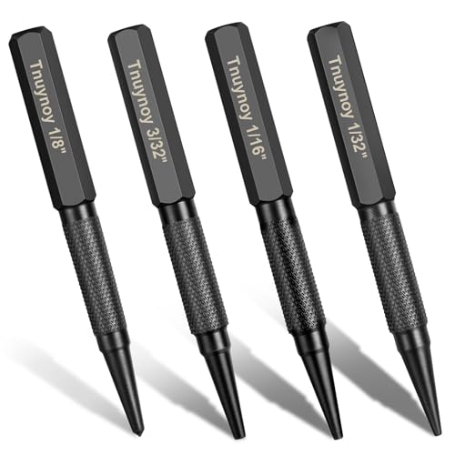 Tnuynoy 4 Pack Nail Punch and Center Punch Set, Hardened Cr-V Steel with Non-Slip Knurled Handle, 1/32", 1/16", 3/32" Nail Setter & 1/8" Center Punch Tool for Metal Wood, Black