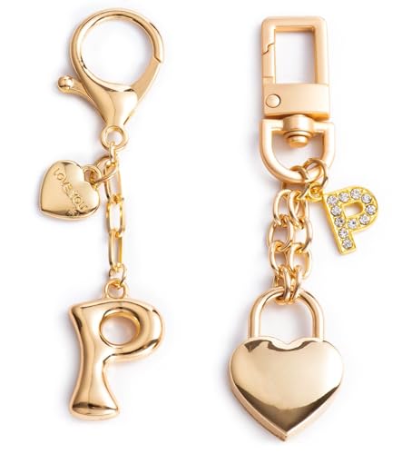 YILANFULL Llavero de letra inicial con dije de corazón de burbujas, accesorios dorados para bolsos, dijes de bolso de mujer, Llavero con inicial dorada P, 0.6*3.1*4.7