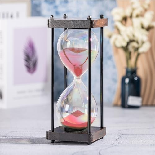 ELAINESTORE Temporizador de reloj de arena arcoíris de 60 minutos, marco de madera, temporizador decorativo de arena (arena roja, tamaño grande)