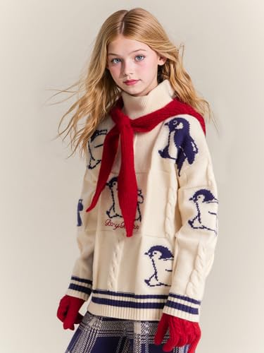 Girls Knit Turtleneck Sweater with Cartoon Penguin Print,Thick Warm Pullover Winter White Jumper for Kids 6-16Y2