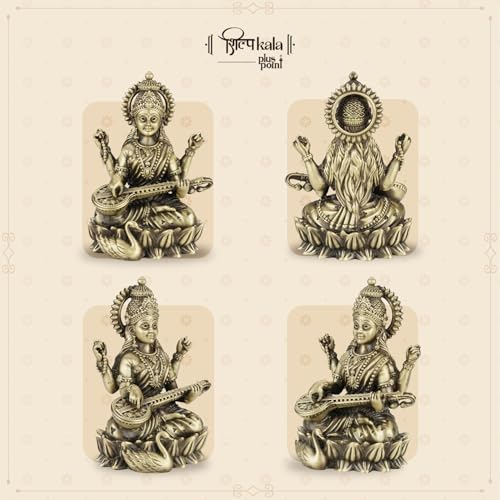 Image of 5 Inch Kamal Saraswati Brass Idol with Veena for Study Table, Learning & Gift