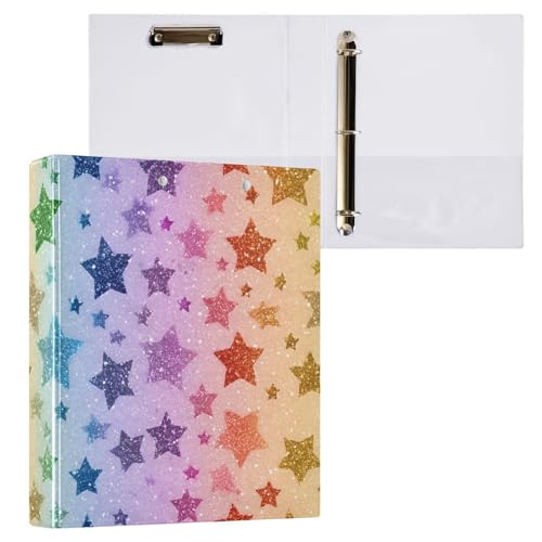 Image of Rainbow Star Glitter Pattern 3 Ring Binder with 2 Interior Pockets 1.5 inch Binders 3 Ring Heavy Duty Fit 8.5 inch x 11 inch Letter Size for Office School, 2 Pack