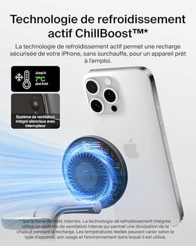 Belkin UltraCharge Pro 3 en 1 Chargeur Induction Qi2 25W, Station de Charge pour iPhone 17, iPhone Air, Apple Watch, AirPods, Pixelsnap, Compatible avec MagSafe avec Ventilateur, Chargeur 45W - Noir