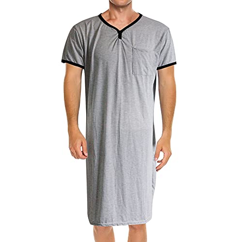 Mens Nightgown Henley Night Shirt for Sleeping Short Sleeve Nightgown Big and Tall, Loose Kaftan Sleepwear
