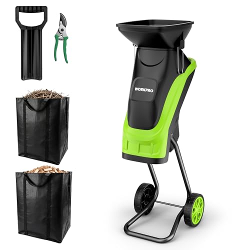 WORKPRO Trituradora de Jardin Eléctrica Cuchillas 2500W con Tijeras de Podar, Biotrituradora de Ramas Ø44 mm, 4300 RPM, Trituradora de Hojas con 2 Bolsas de 45 L, Trituradora para Residuos de Jardín
