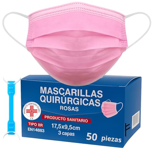 Stone&Stone 50 Mascarillas Quirúrgicas Tipo IIR Negro Rosa Celeste Certificado CE, Mascarilla médicas homologadas, 3 capas, Alta eficiencia filtración bacteriana mayor al 98% (Rosa)