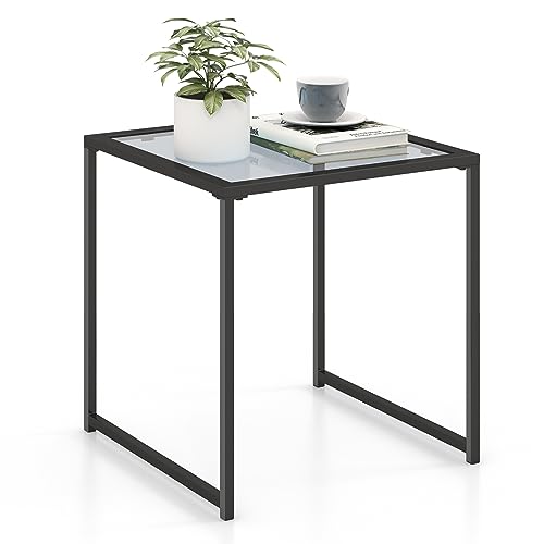 GIANTEX Quadratischer Couchtisch 43 x 43 cm, moderner minimalistischer Beistelltisch mit Tischplatte aus gehärtetem Glas und robustem Metallrahmen, Mehrzwecktisch für Wohnzimmer, Schlafzimmer, Balkon,