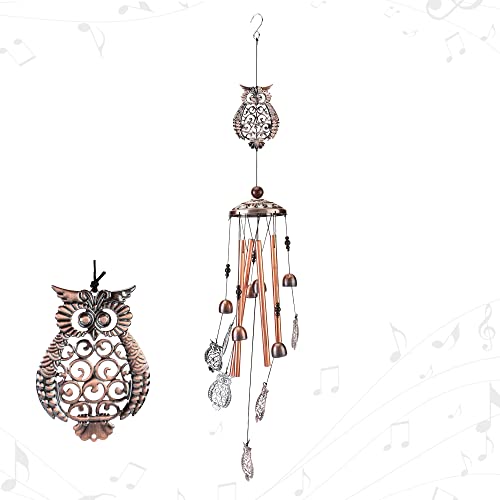 Mogokoyo Carillon à Vent Décoratif Hibou Chouette Suspendu avec 4 Tubes Creux et 5 Wind Chimes en Aluminium, Carillon Éolien Vintage Décoration pour Intérieur Extérieur Jardin, Bronze et Or Rose Cover