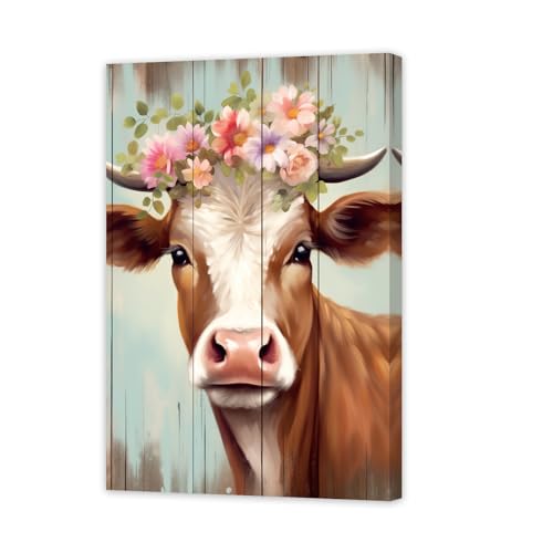 ZXHYWYM Rustikale Kuh Wanddekoration Kuh mit Girlande Leinwandbild lustiges Bauernhoftier Gemälde Wanddruck für Bauernhaus Küche Badezimmer mit Rahmen (A (30.00 x 45.00 cms))