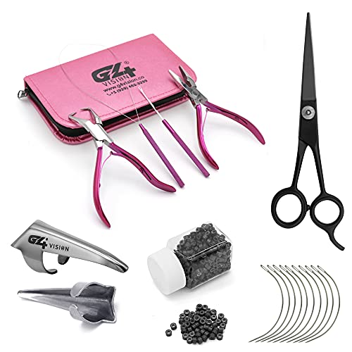 Professional Hair Extension & Beading Tool Kit Remove Plier Set for beads (4 Piece) I-Link Micro Ring Loop Needle Pulling Hook Threader Wire for Silicone Rings (Black Beads)
