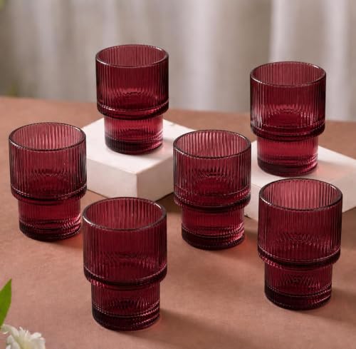 Image of 220 ML Premium Pink Ribbed Drinking Glasses Set of 6, Vintage Water & Juice Glass Tumblers, Textured Glassware for Whiskey, Cocktail, Mocktail, Soft Drinks & Everyday Use (MT-48)