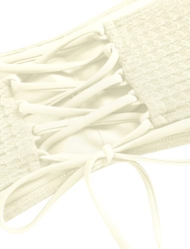 ZAFUL Women's Textured Bandeau Bikini Strapless Solid Color 2 Pieces Bathing Back Lace-up Suit Swimsuit (7-Beige,L)4