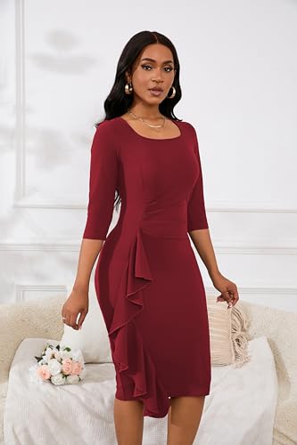 Image of Womens 1950s Vintage Bodycon Dress 3 /4 Sleeve Square Neck Cocktail Pencil Sheath Midi Dress Elegant