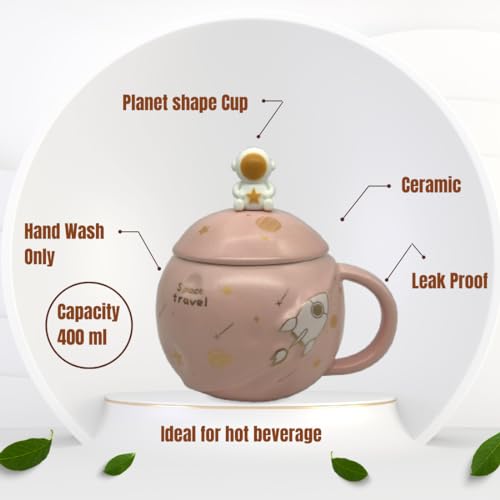 Image of NOSCOMP Astronaut Coffee Mug with Lid & Spoon| Embossed Planet Mug | Space Mug, Ceramic, 3D Creative Astronaut Universe Planet | Leak Proof | Portable (Astronaut - Pink, Capacity - 400 ML)