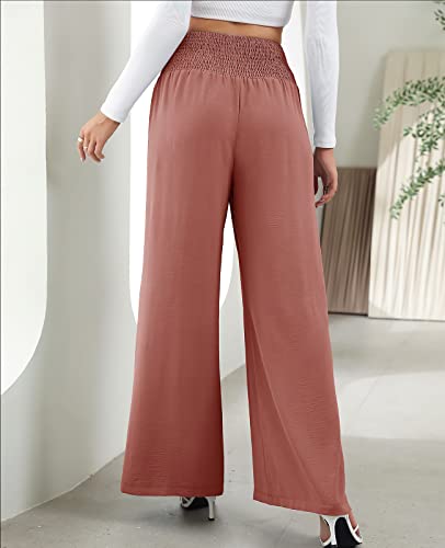 sysinside Women's Casual Wide Leg Pants Smocked High Waist Chic Button Decoration Palazzo Lounge Trousers3