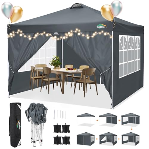 COBIZI Pavillon 3x3m Wasserdicht Stabil Winterfest Faltpavillon Partyzelt Gartenpavillon mit 4 Seitenteilen,4 Sandsäckes und Entlüftung,UV Schutz 50+,pop up faltbar für Outdoor Garten(Grau