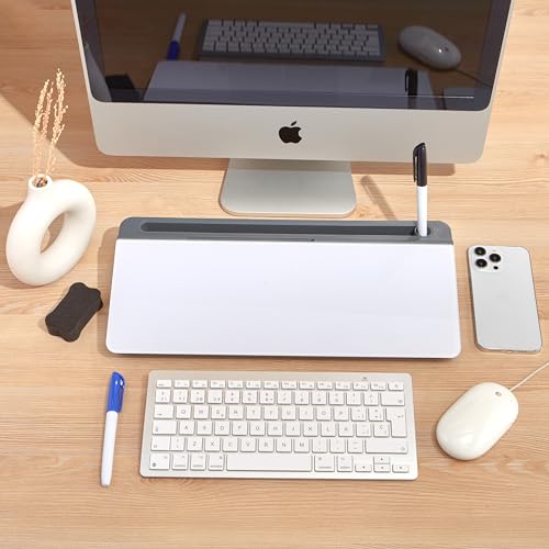Image of GAROOD Desktop Dry Erase Board with Storage (Grey Base) Desk Desk Board Glass Desktop White Board with Stand Home Office Organizer Phone Holder 15.8X7X2 inches