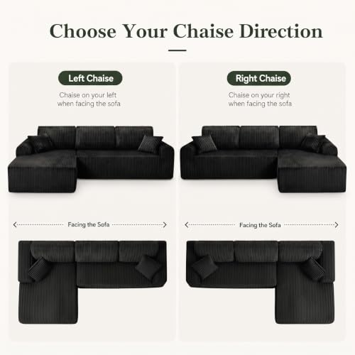 Image of KEIKI 109 inch Corduroy L-Shaped Sectional Sofa with Right Chaise, Black