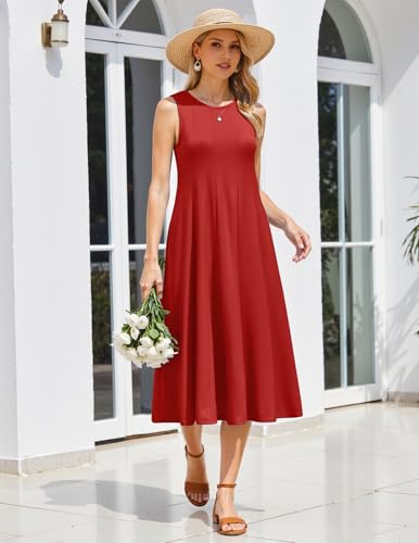 Image of HOTOUCH Summer Casual Dresses for Women Sleeveless Midi Dress Swing Tank Sundress Pleated Tshirt Dress with Pockets