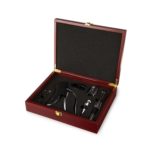 True Wine Tools Set with Cherry Stained Wooden Gift Box, Includes Lever Corkscrew, Foil Cutter, Aerator Pourer, 2 Worms, Chrome Bottle and Champagne Stopper, Home Bar Accessories, 7 Piece
