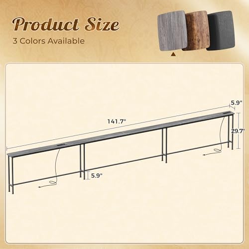 Image of Huuger 141.7 Inch Sofa Table with Power Outlets, Skinny Behind Couch Table | 5.9 Inch Narrow Entryway Table, Extra-Long Console Table, Behind the Couch Table with Outlet for Living Room, Grey