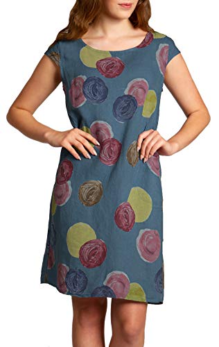 Caspar SKL033 leichtes knielanges Damen Sommer Leinenkleid mit Punkte Print, Farbe:Jeans blau, Größe:XXL - DE44 UK16 IT48 ES46 US14