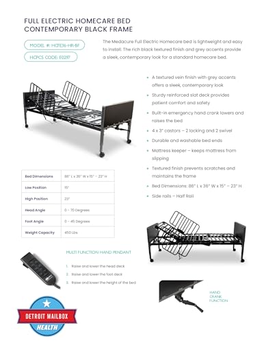 Medacure Hospital Homecare Bed with Mattress 3 Function Electric Homecare Bed, 15\"-23\" Height, 450 lb Capacity, Black/Grey with Primex Redistribution Mattress.