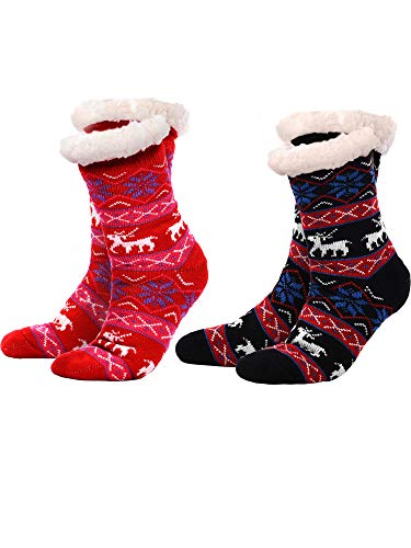 Boao 2 Pairs Women's Warm Slipper Socks Non Slip Fuzzy Socks Fleece-lined Socks Christmas Snowflake Slipper Socks (Black and Red)