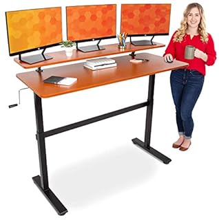 Stand Steady Tranzendesk 55 in Standing Desk with Clamp On Shelf | Crank Manual Height Adjustable Stand Up Desk with Attachable Monitor Riser | Holds 3 Monitors & Adds Extra Desk Space (55/Cherry) (B08GL31VWP)