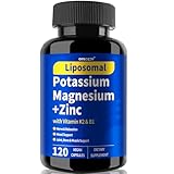 Potassium Magnesium Supplement, 1600mg Liposomal Magnesium Aspartate, Potassium Chloride, with Zinc, K2, Vitamin B1 for High Blood Pressure, Support Vascular, Bone & Leg Cramps, 120 Veg Capsules