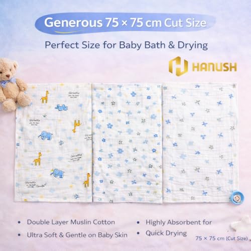Image of HANUSH Muslin Baby Bath Towel (Pack of 3)|100% Organic Muslin Cotton| Newborn Swaddle Wrap (75 * 75 cm)| Highly Absorbent Ultra Soft Breathable Lightweight Towels for Infants, Toddlers, Boys & Girls