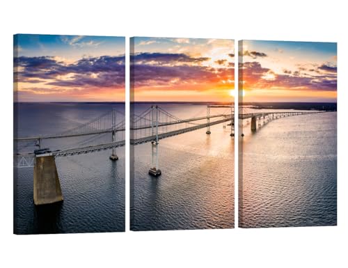 3 Panels Chesapeake Bay Scenery Canvas Wall Art Aerial Panorama of Chesapeake Bay Bridge at Sunset Wall Art for Living Room Sea Surface Scenery Posters Office Decor Framed Ready to Hang 20X40X3 INCH
