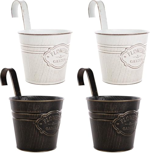 Macetas colgantes, paquete de 4 macetas de metal vintage para montar en la pared, maceta de estilo rústico, soporte para plantas de hierbas con gancho extraíble y agujero de drenaje para valla de