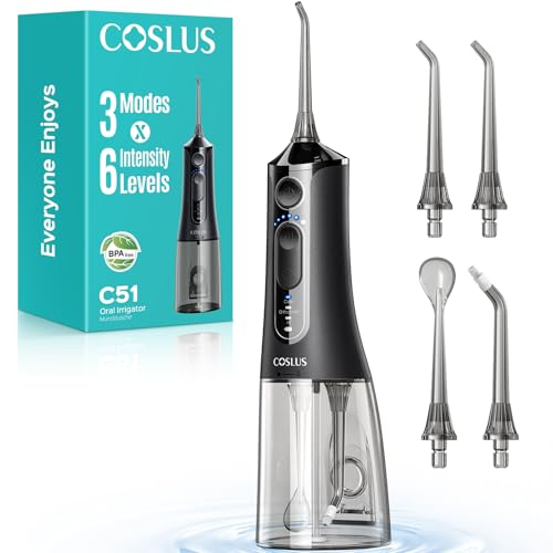 COSLUS C51 Portable Water Flosser for Teeth: 3 Modes & 6 Pressure Settings with Jet Mode Water Dental Pick for Orthodontic, Braces, Sensitive Gums, Compact for Travel, for Multiple Users, ADA Accepted