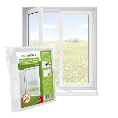 EASYmaxx Mosquitera para ventana, montaje sin taladrar, protección contra insectos cortable, ventana de hasta 130 x 150 cm, protección contra mosquitos, cinta de velcro autoadhesiva [blanco]