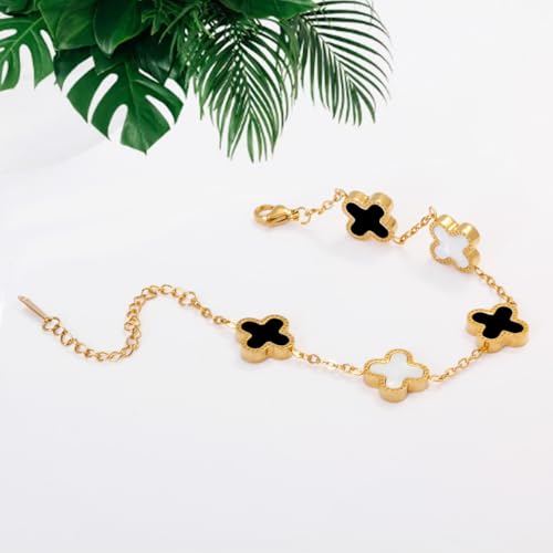 Gold Plated Jewelry Bracelet for Women Van Cleef Non Tarnish Bracelet Leaf Clover Charm Flower Bracelet for Women Trendy (White+Black)3