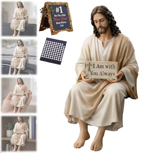 Jesus Resin Desk Companion Figurine, Handmade Sitting Jesus Christ Statue with "I Am with You Always" Sign, Unique Spiritual Religious Decorative Gift for Car Dashboard Office Home Table Decor (1PC)