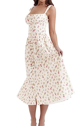 Robe à corset sans manches imprimé floral blanc encolure carrée - 4